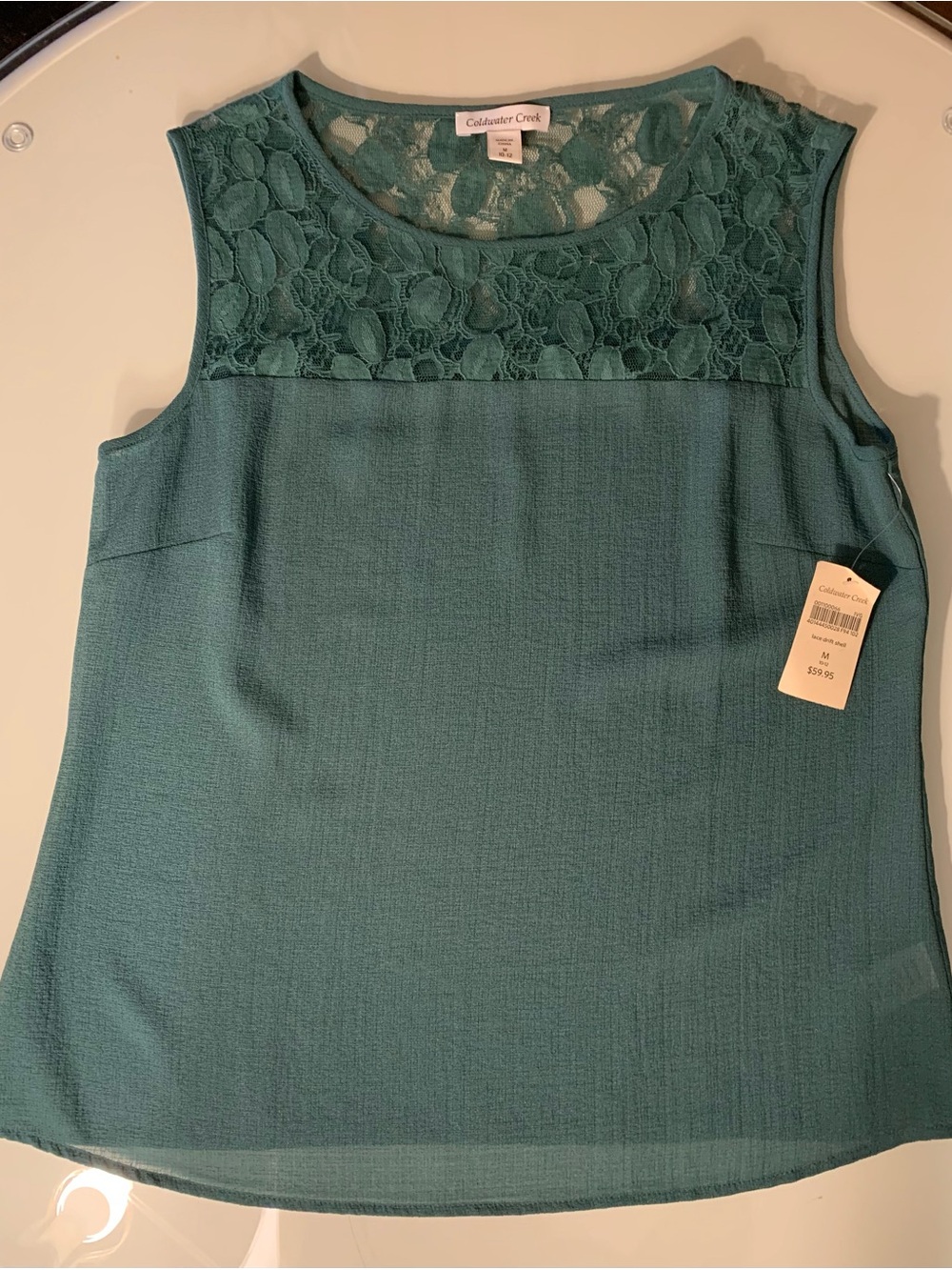 Coldwater Creek Sage Lace Yoke Sleeveless Blouse